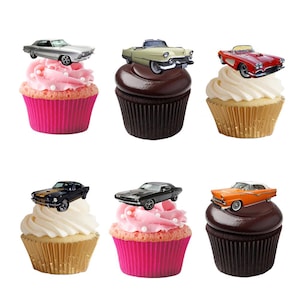 17 decorazioni per cupcake in carta ostia commestibile a tema AUTO D'EPOCA AMERICANE USA. Carta ostia completamente commestibile, con inchiostro.