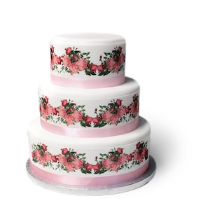 Różowa różana wstążka z kwiatem na obramowaniu, lukier na tort. Idealna do większych tortów. Owiń wokół lukrowanego tortu. Łatwa w użyciu.