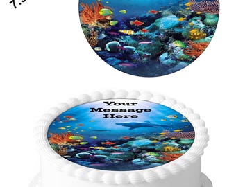 Personalised Underwater Ocean Sea 7.5inch Circle Edible Icing Cake Topper Decoration - Personalise Your Cake. Perfect For Larger Cakes.