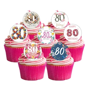 24 Precut Age 80 Eighty 80th Birthday FLOWERS Edible Wafer Paper Cake Cupcake Toppers Decorations. Fully edible wafer paper/ink - precut