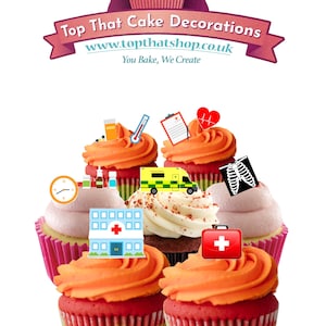 44 decoraciones comestibles de papel de oblea con temática de hospital para cupcakes y pasteles. Oblea totalmente comestible.