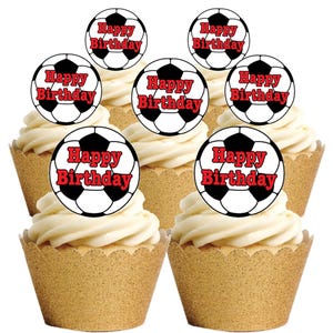 24 Precut Happy Birthday Black and White Football Edible Wafer Paper Cake Cupcake Toppers Decorations. Fully Edible wafer paper/ink - precut