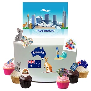 May include: A white cake decorated with edible images of Australian landmarks, animals, and symbols. The cake is surrounded by cupcakes with similar decorations. The cake is topped with a blue and white image of the Sydney Opera House and the Sydney Harbour Bridge.