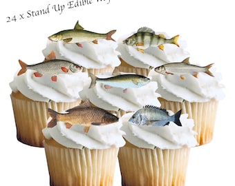 24 Stand Up River Fishing Fish Edible Wafer Paper Card Cake Cupcake Toppers Decorations. Fully edible wafer card
