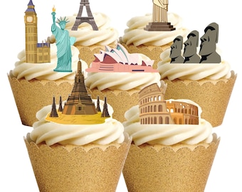 18 Stand Up World Landmarks Wonders of The World themed Edible Wafer Paper Card Cake Cupcake Toppers Decorations. Fully edible wafer paper
