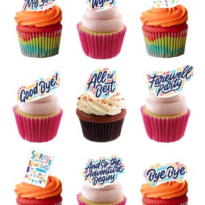 27 Levez-vous, désolé de votre départ, bonne chance, gaufrettes comestibles, décorations pour décorations de gâteaux et de cupcakes. Gaufrette de papier entièrement comestible
