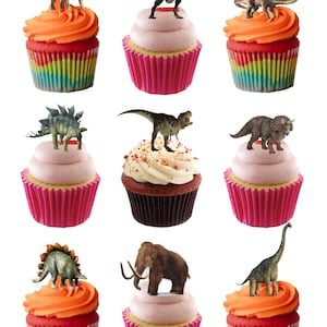 25 ätbara stående Jurassic Dinosaurs-dinosaurier i wafer-papper, kartong, tårtdekorationer, muffinsdekorationer. Klar att använda - Helt ätbara
