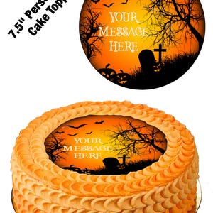 Personalised Message Orange and Black Halloween 7.5inch Circle Edible Icing Cake Decoration Topper. Perfect for larger cakes.