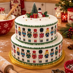 Peut inclure: Un gâteau blanc à deux étages décoré d'un motif répétitif de casse-noisettes colorés sur les côtés. Le sommet est orné d'un petit sapin vert, d'une figurine de bonhomme de neige, d'un cadeau rouge miniature et de baies de houx.
