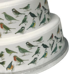 Decoração de bolo com fita de glacê e pássaros do jardim britânico. Perfeito para bolos maiores. Enrole em volta do bolo. Fácil de usar.
