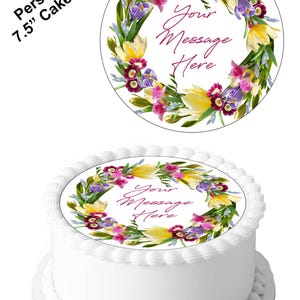 Decorazione per torta personalizzata con glassa commestibile a forma di grazioso fiore primaverile da 7,5 pollici. Personalizza la tua torta come preferisci. Perfetta per torte più grandi.