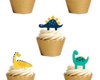 24 Stand Up Cute Dino Dinosaurs Cartoon Edible Wafer Paper Card Cake Cupcake Toppers Decorations. Ready to Use- Fully edible