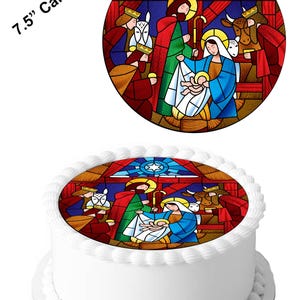Gebrandschilderd glaseffect Religieus traditioneel kerstfeest 7,5 inch cirkel eetbare glazuur taartdecoratie topper. Perfect voor grotere taarten.