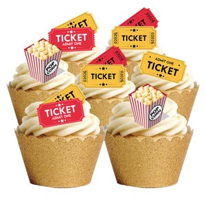 16 entradas de cine de stand-up, tarjetas de oblea comestibles con temática de palomitas, adornos para pasteles y cupcakes. Oblea totalmente comestible.