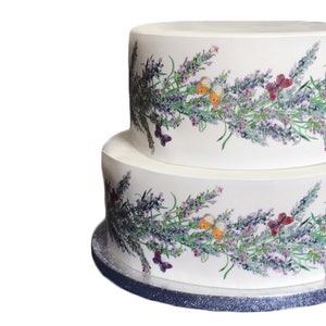 Lavender Flower & Butterfly Border Ribbon Icing Cake Decoration Topper. Perfect for larger cakes. Wrap around an iced cake. Easy to use.