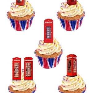 24 decoraciones de papel de oblea comestible para cupcakes, pasteles y tarjetas, con diseño retro de cabina telefónica londinense. Papel de oblea totalmente comestible.