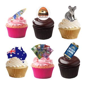 Peut inclure: Six cupcakes décorés sur le thème de l'Australie. L'un a une planche de surf, un autre un logo Sydney Australie, un troisième un koala, un quatrième un drapeau australien, un cinquième de l'argent australien et le dernier une canette de bière Australia Lager.