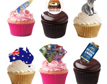 33 decorações para topo de cupcake com tema de viagem australiana comestível, feitas de papel wafer e comestível. Papel wafer totalmente comestível.