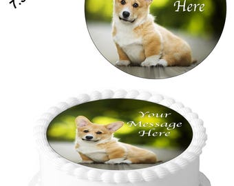 Personalised Cute Corgi Dog Puppy Animal Pet 7.5inch Circle Edible Icing Cake Decoration Topper.Personalise your cake. For larger cakes.