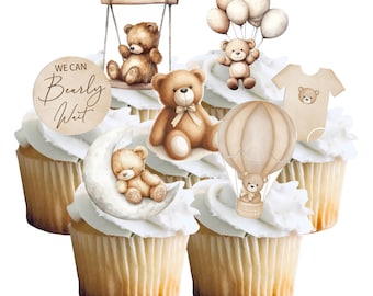 24 Stand Up Gender Neutral Cute Bear Baby Shower Edible Wafer Paper Card Cake Cupcake Toppers Decorations. Fully Edible!