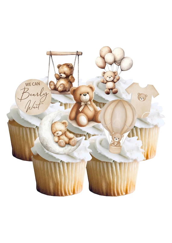 24 Stand Up Gender Neutral Cute Bear Baby Shower Edible Wafer Paper Card Cake Cupcake Toppers Decorations. Fully Edible!