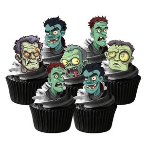 20 obleas comestibles de Halloween con forma de cabeza de zombi para decorar pasteles, cupcakes y mucho más. Papel de oblea totalmente comestible y tintas comestibles.
