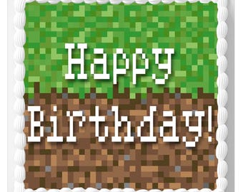Pixel Pixelated Gaming Happy Birthday 7.5 Inch SQUARE Edible Icing Cake Topper Decoration. Perfect for larger cakes.