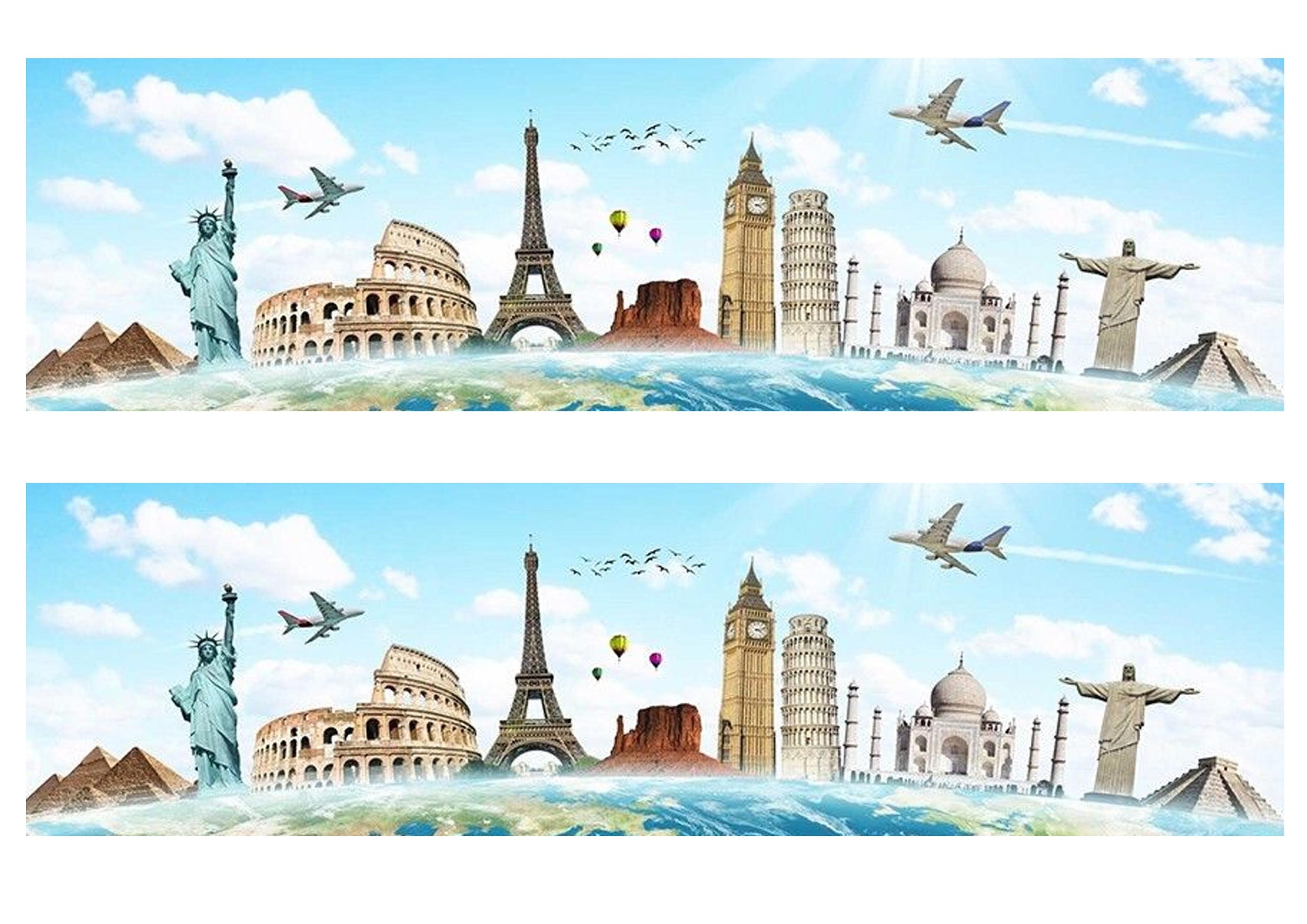 Famous World Landmarks Travel Skyline Border Ribbon Icing Cake ...