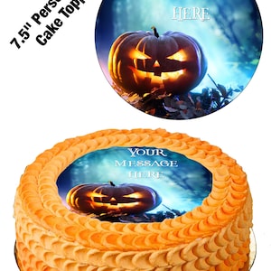 Personalised Message Halloween Pumpkin 7.5inch Circle Edible Icing Cake Decoration Topper. Perfect for larger cakes and children.