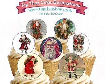 24 vorgeschnittene Vintage Weihnachtsmann Weihnachtsmann Weihnachtsmann Essbare Oblaten Papier Kuchen Cupcake Toppers Dekorationen. Essbares Oblatenpapier/Tinte, vorgestanzt