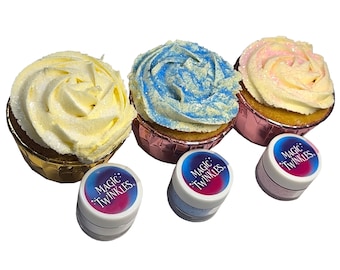 Paillettes comestibles Magic Twinkles - Collection pour bébés Gender Reveal, blanc, rose et bleu pastel - Décoration de gâteau entièrement comestible - Lot de 3 pots de 5 g.