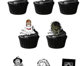 36 Stand Up Halloween Horror Movie Cinema Edible Wafer Paper Card Cake Cupcake Toppers Decorations.Fully edible wafer paper / edible inks