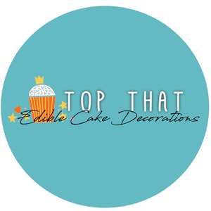 May include: A teal circular logo featuring the text "TOP THAT" in white, block letters, and "Edible Cake Decorations" in cursive. A cupcake with a crown and sprinkles is on the left, with stars and hearts.