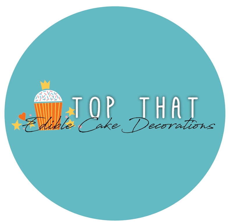 May include: A teal circular logo featuring the text "TOP THAT" in white, block letters, and "Edible Cake Decorations" in cursive. A cupcake with a crown and sprinkles is on the left, with stars and hearts.