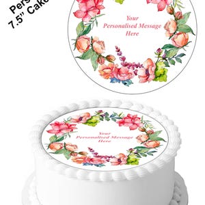 Personalised Pretty Pink Floral Flower 7.5inch Circle Edible Icing Cake Decoration Topper. Personalise your cake your way. For larger cakes