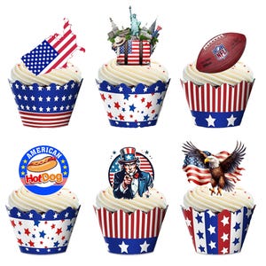 30 decorazioni per cupcake e torte in carta cialda commestibile a tema USA, con tema "country americano". Carta cialda completamente commestibile.
