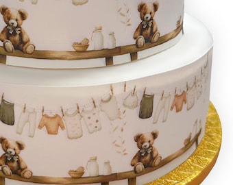 Gender Neutral Cute Bear Baby Shower Themed Border Ribbon Icing Cake Decoration Topper. Perfect for larger cakes. Wrap around an iced cake.