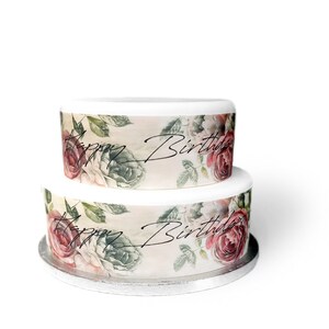 Vintage Flower Happy Birthday Border Ribbon Icing Cake Decoration Topper. Perfect for larger cakes. Wrap around any cake. Easy to use.