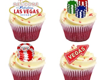 Può includere: Quattro cupcake con glassa bianca e pirottini rossi. Ogni cupcake è decorato con un tema diverso di Las Vegas: un cartello "Welcome to Fabulous Las Vegas", pile di fiches da poker, una pila di fiches da poker e un cartello a freccia "Vegas".