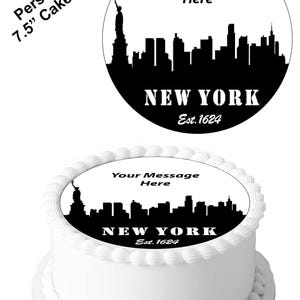 Personalised Message New York City Skyline themed 7.5inch Circle Edible Icing Cake Decoration Topper. Perfect for larger cakes.