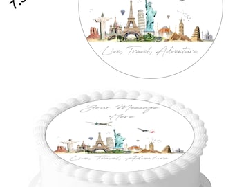 Personalised Travel Landmarks World 7.5inch Circle Edible Icing Cake Decoration Topper. Personalise your cake. Perfect for larger cakes.
