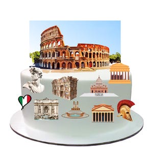 Roma Capitale Italia Viaggio Decorazione commestibile in piedi su carta ostia per torta. Perfetta per torte più grandi. Decorazione per torta in piedi