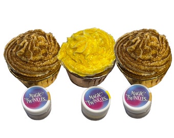 Paillettes comestibles Magic Twinkles - Collection dorée, or caramel et or jaune - Décoration de gâteau entièrement comestible - Lot de 3 pots de 5 g.