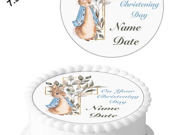 Personalised Baby Boy Christening Baptism 7.5 Inch Circle Edible Icing Cake Decoration Topper - Personalise Your Cake.