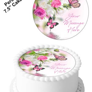 Personalised Pink Rose & Butterfly 7.5inch Circle Edible Icing Cake Decoration. Personalise your cake your way.Perfect for larger cakes.