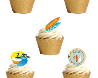 21 Surf debout sur le thème des sports nautiques, des gaufrettes comestibles en papier, des décorations pour gâteaux et cupcakes. Gaufrette de papier entièrement comestible