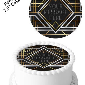 Personalised Art Deco Black Gold Silver 7.5inch Circle Edible Icing Cake Decoration Topper.Personalise your cake.Perfect for larger cakes.