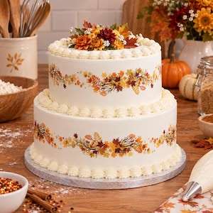 May include: A two-tier white frosted cake decorated with a horizontal band of colorful autumn leaves in shades of orange, yellow, and red. The top is adorned with a cluster of fresh flowers and leaves, and the base of each tier has piped frosting.