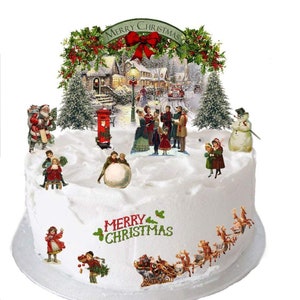 Decoração de topo de bolo de papel comestível de Natal vitoriano vintage, com bolacha de papel. Perfeito para bolos maiores. Cena de topo de bolo em pé.