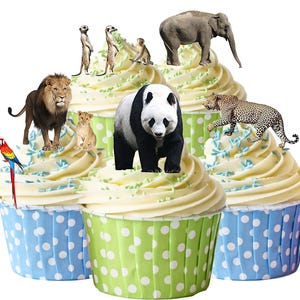 30 adornos comestibles de papel de oblea para cupcakes, pasteles y otros postres con temática de safari en la jungla, animales salvajes del zoológico. Oblea totalmente comestible con tintas comestibles.